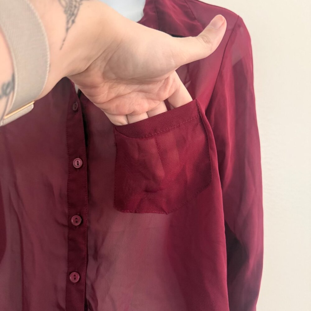 Full Tilt Sheer Burgundy Button-Down Blouse | Size M - Picture 5 of 10